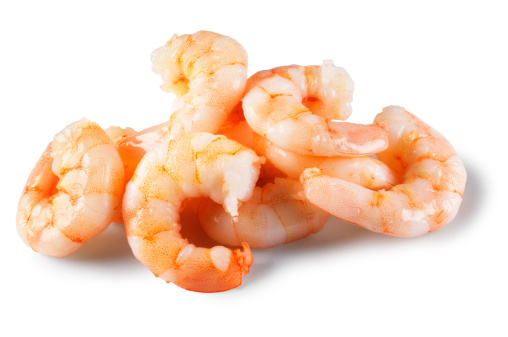 Group of prepared prawns isolated on white.