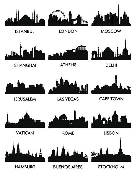 silhouetten von verschiedenen städten mit namen - shanghai stock-grafiken, -clipart, -cartoons und -symbole