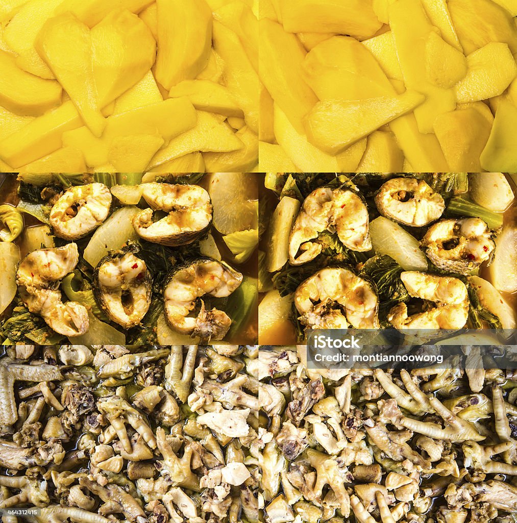 mango, fish, chicken Collection of ripe mango, curry fish, chicken foot to make noodles Asia Stock Photo