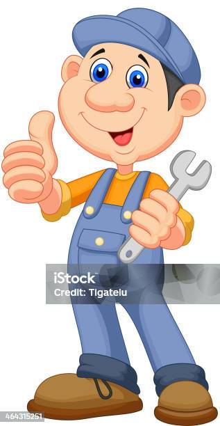 Cute Mechanic Cartoon Holding Wrench And Giving Thumbs Up Stock Illustration - Download Image Now