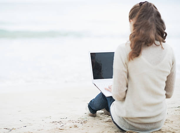 istock Young woman sitting on beach and using laptop. rear view 464317311
