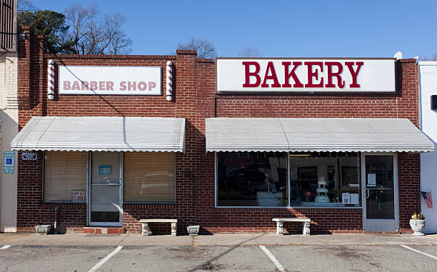 Small Town Barber shop and bakery of small Virginia town. Nobody. Horizontal. rural main street stock pictures, royalty-free photos & images