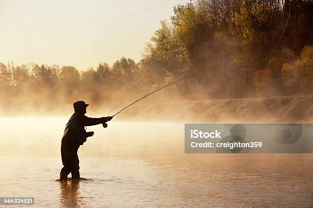 Silhouette Of Fly Fisherman In Nova Scotia Stock Photo - Download Image Now - Fly-fishing, Fishing, Freshwater Fishing