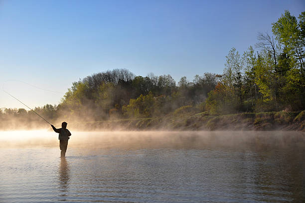 Silhouette of Fly Fisherman in Nova Scotia Silhouette of a fly fisherman fishing for Striped Bass in the early morning fog on a river in Nova Scotia. creighton stock pictures, royalty-free photos & images