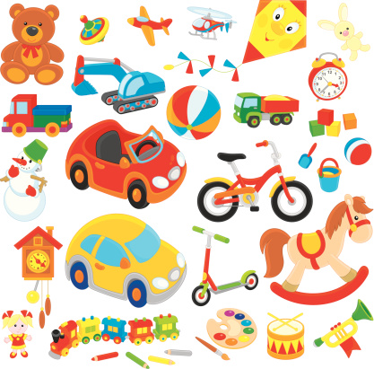 Set of colorful children's toys in cartoon style, on a white background