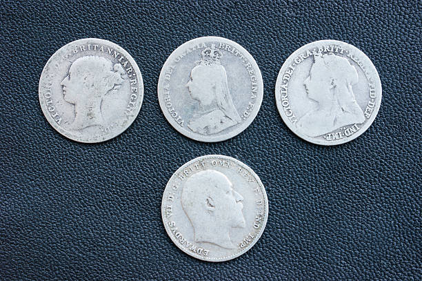 Threepence, thruppenny, Moeda de prata, Victoria, Edward, britânicas. - fotografia de stock