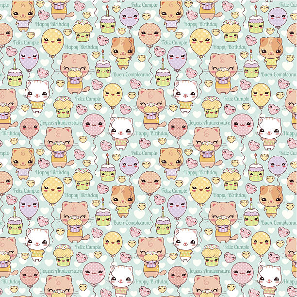 Cute Kawaii Cats and Cupcakes Birthday Background vector art illustration