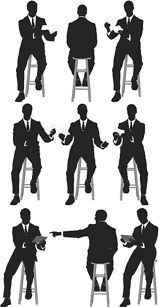illustrations, cliparts, dessins animés et icônes de plusieurs silhouette d'homme d'affaires, assis sur un tabouret - business person silhouette back lit business