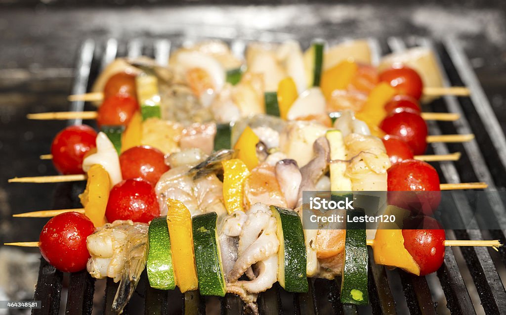 seafood skewers with grilling Barbecue - Meal Stock Photo