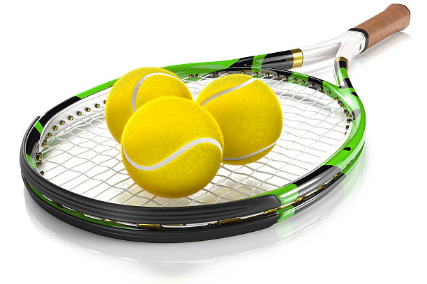 raquete de tênis com três bolas - tennis racket ball isolated - fotografias e filmes do acervo