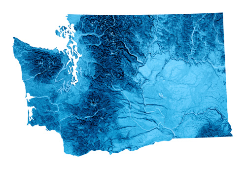 3D render and image composing: Topographic Map of Washington State, USA. Isolated on White. High quality relief structure!