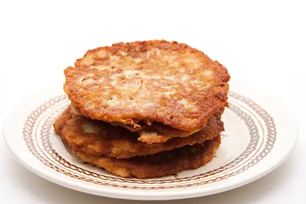 Potato pancakes on plate and on white background