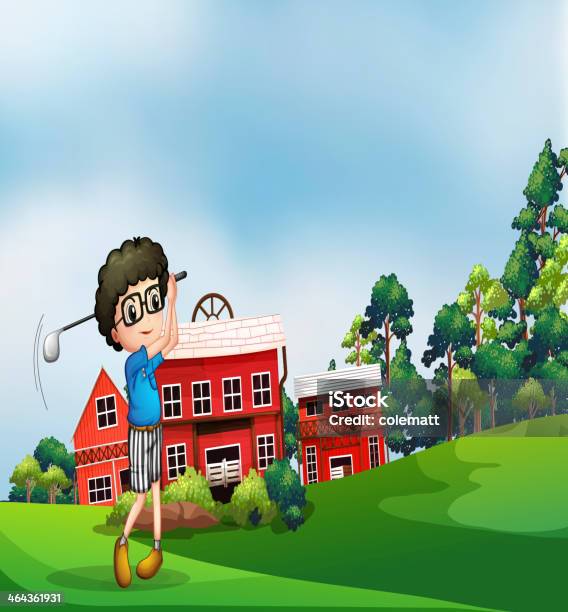 Ilustración de Boy Playing Golf Cerca Del Barn y más Vectores Libres de Derechos de Acero - Acero, Acontecimiento, Actividad