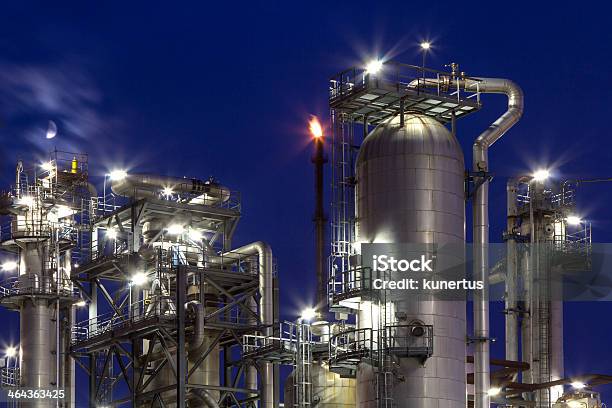 Chemical Plant And Moon Stock Photo - Download Image Now - Blue Hour - Twilight, Chemistry, Climate Change