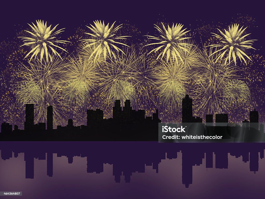 golden fogos de artifício acima silhueta da cidade grande - Ilustração de Ajardinado royalty-free