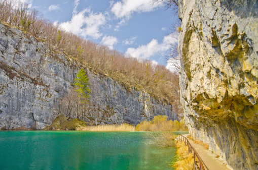 Water falls and foot bridge at Plitvica National Park in Croatia