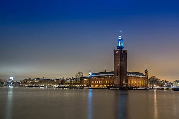 Stockholm city by night. City Hall Night shot of Stockholm, Sweden. Showing Stadshuset (city hall) during the winter. kungsholmen town hall photos stock pictures, royalty-free photos & images