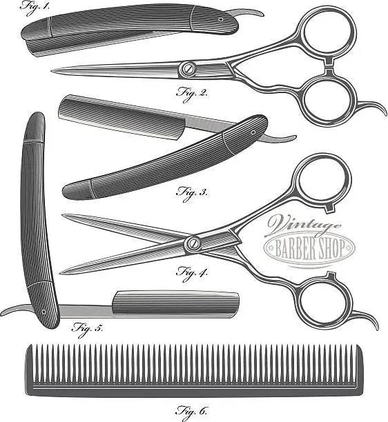 Vector illustration of Comb, Scissors and Razor in vintage engraved style