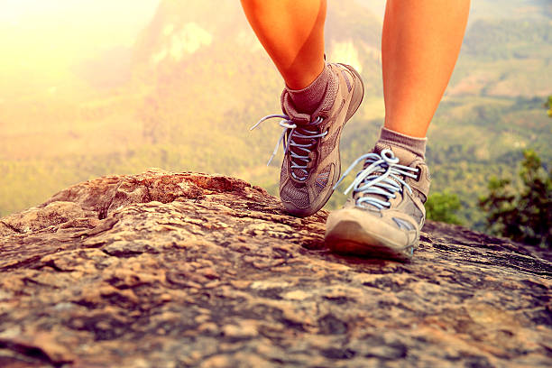 istock hiking woman legs climbing on mountain peak 464396490