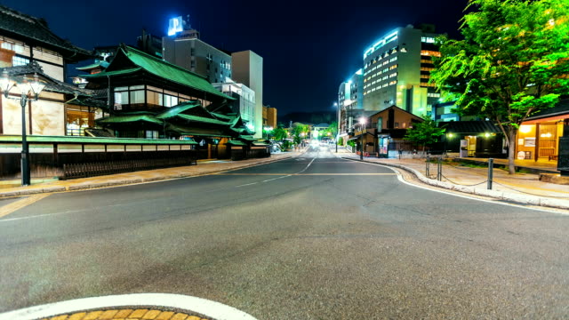 Time-lapse of the ancient Japanese bathhouse surrounded by traffic.