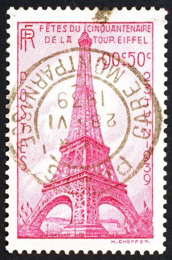 French vintage stamp celebrating the fiftieth of Tour Eiffel