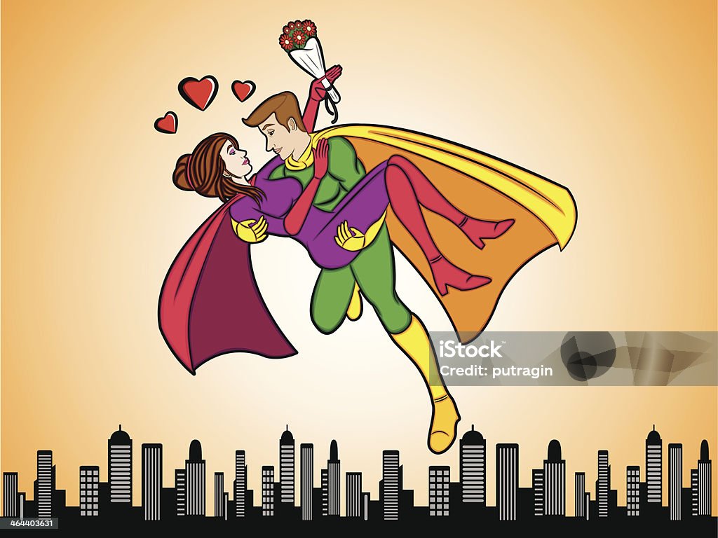 Super Heroes In Love A cartoon illustration of a couple super heroes fall in love Adult stock vector