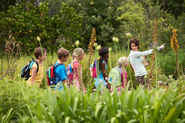 Young teacher with children on nature field trip