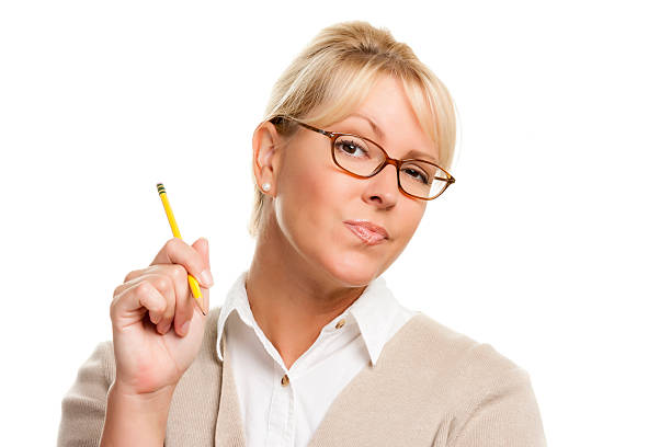 istock Beautiful Woman with Pencil On White 464407666