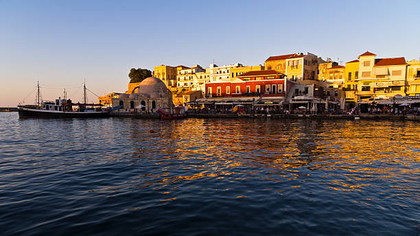 istock Panoramic view of Chania harbor promenade at sunset, Crete 464407808