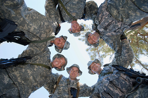 Low angle portrait of soldiers standing in circle