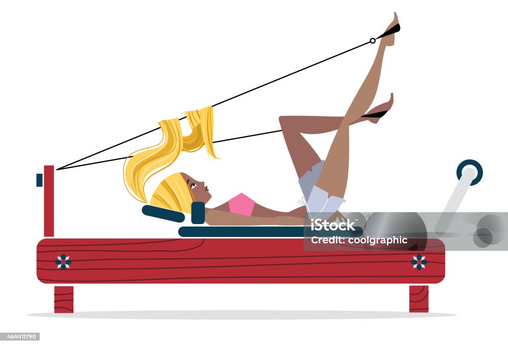 Pilates Reformer Girl illustration Vector illustration of Girl doing Pilates on a reformer. All elements are individual objects, which have been grouped for easy editing. No transparencies. Pilates Machine stock vector