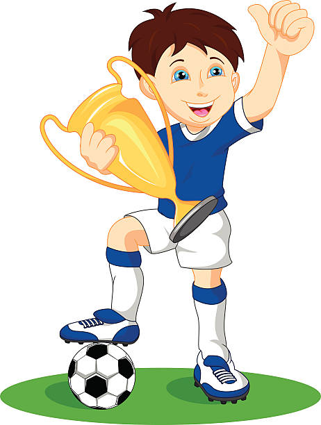 süße junge fußballspieler hält gold trophy - soccer action child purple stock-grafiken, -clipart, -cartoons und -symbole