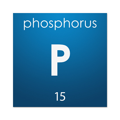Gloss coloured tile with name, symbol and atomic number - or number of protons - of the chemical element Phosphorus.