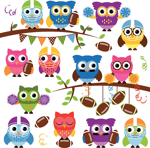 wektor zbiory ładny football lub sportowe tematyczne owls - cheerleader high school student sport cheering stock illustrations