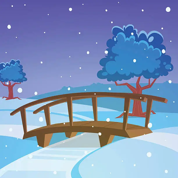 Vector illustration of Winter landscape with bridge