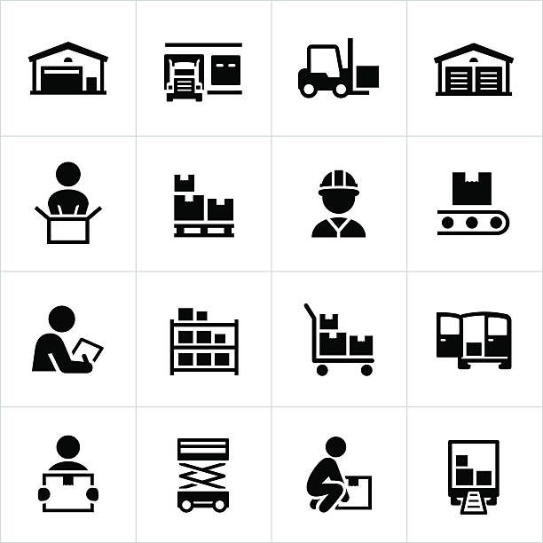 Distribution Warehouse Icons Black warehouse and distribution icons. Warehouse, storage facility, distribution, shipping, boxes, icons, symbols. storage compartment stock illustrations