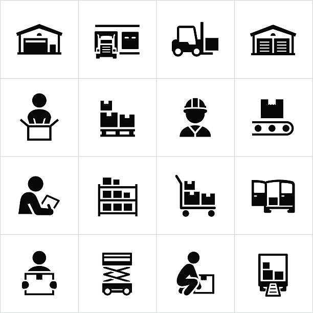Distribution Warehouse Icons Black warehouse and distribution icons. Warehouse, storage facility, distribution, shipping, boxes, icons, symbols. palette transport stock illustrations