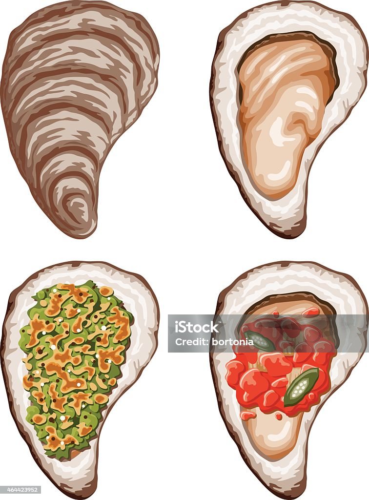 Oysters In The Half Shell Icon Set A set of oysters in the half shell: Outer shell, raw, Rockefeller and with fresh chopped tomatoes and chiles. Oyster stock vector