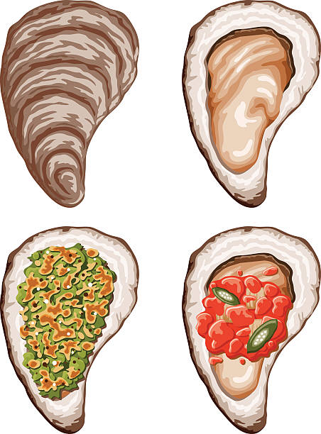 Oysters In The Half Shell Icon Set A set of oysters in the half shell: Outer shell, raw, Rockefeller and with fresh chopped tomatoes and chiles. breaded stock illustrations