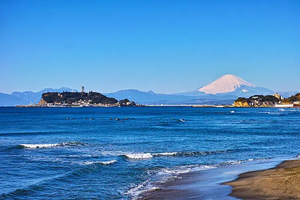 Mt.Fuji and Enoshima View from Hitirigahama coast of Kamakura.