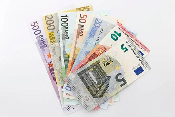Colorful 5, 10, 20, 50, 100, 200 and 500 Euro banknotes.