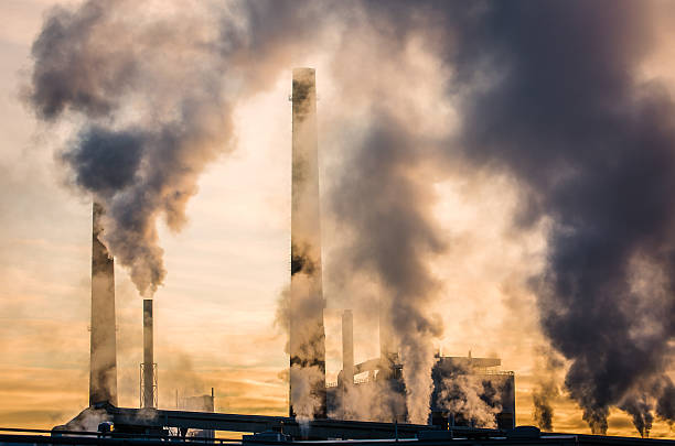 fábrica de papel poluição atmosférica - factory chimneys sky sunlight horizontal - fotografias e filmes do acervo