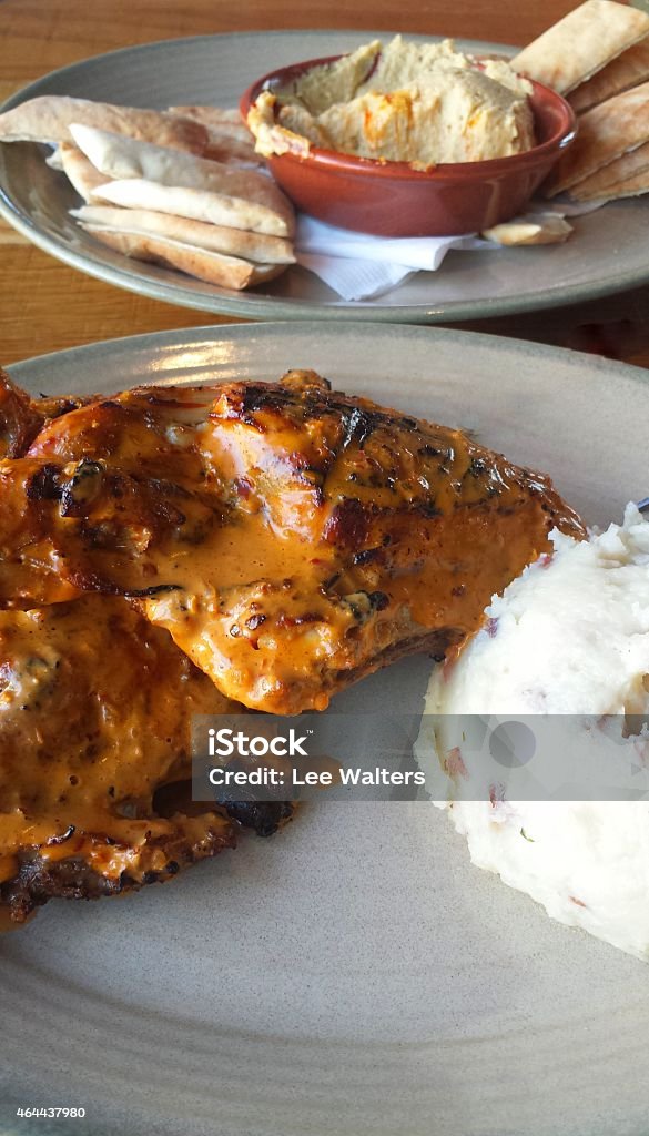 Grilled Chicken, Potatoes and Hummus with Pita Bread Vertical composition photograph of grilled chicken with a side of mashed potatoes and hummus with pita bread. 2015 Stock Photo