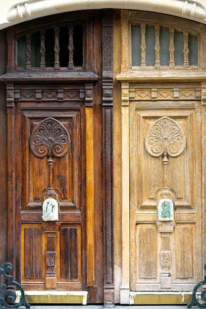 Beautiful door with wood in two tones and carved detail