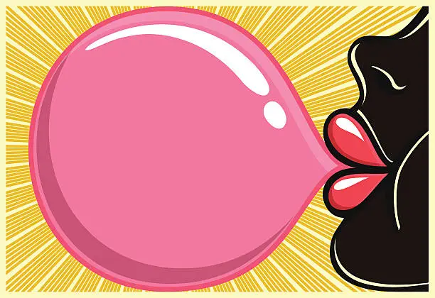 Vector illustration of Bubble gum black girl blowing bubblegum vector illustration, 80s style