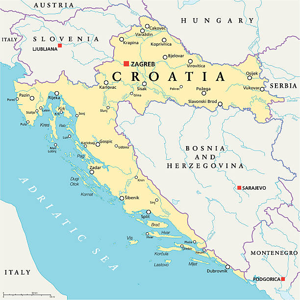 Croatia Political Map Croatia Political Map with capital Zagreb, national borders, important cities, rivers and lakes. English labeling and scaling. Illustration. croatia stock illustrations