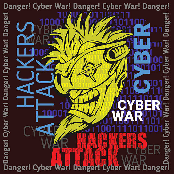ilustrações de stock, clip art, desenhos animados e ícones de cyber ataque de hackers-guerra, sinal sobre fundo digital binária - extortionist