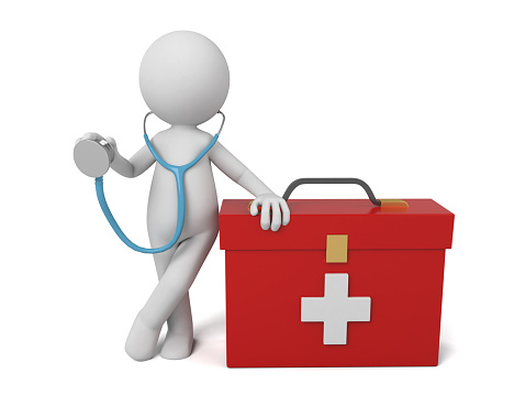 3d people with first aid box and a stethoscope. Doctor. 3d image. Isolated white background.