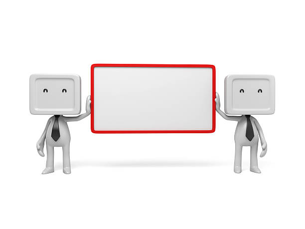 signboard 3d people with an empty signboard in hands. 3d image. Isolated white background. man writing on white board stock pictures, royalty-free photos & images
