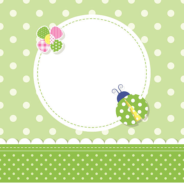 green ladybug baby boy greeting card illustration of a ladybug, colorful flower, round label and ribbon on green polka dot pattern background ladybird book stock illustrations